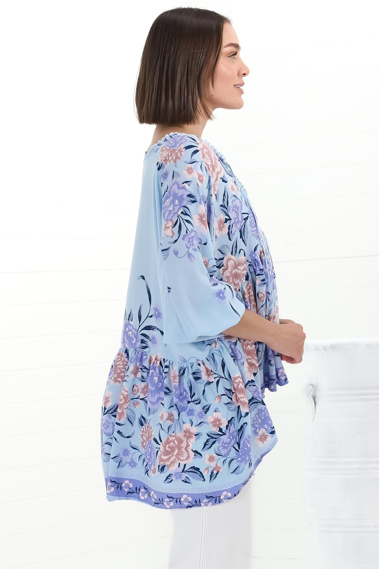 JAASE - Chloe Top: Very Oversized Crochet Trim Neckline Smock Top in Heaven Print