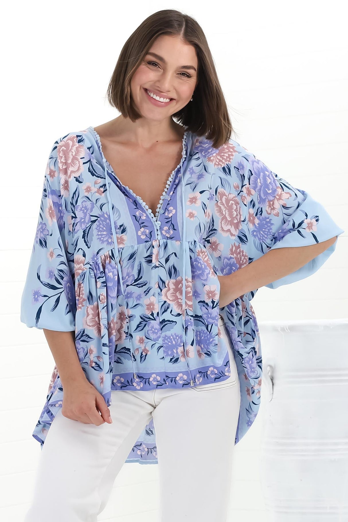 JAASE - Chloe Top: Very Oversized Crochet Trim Neckline Smock Top in Heaven Print