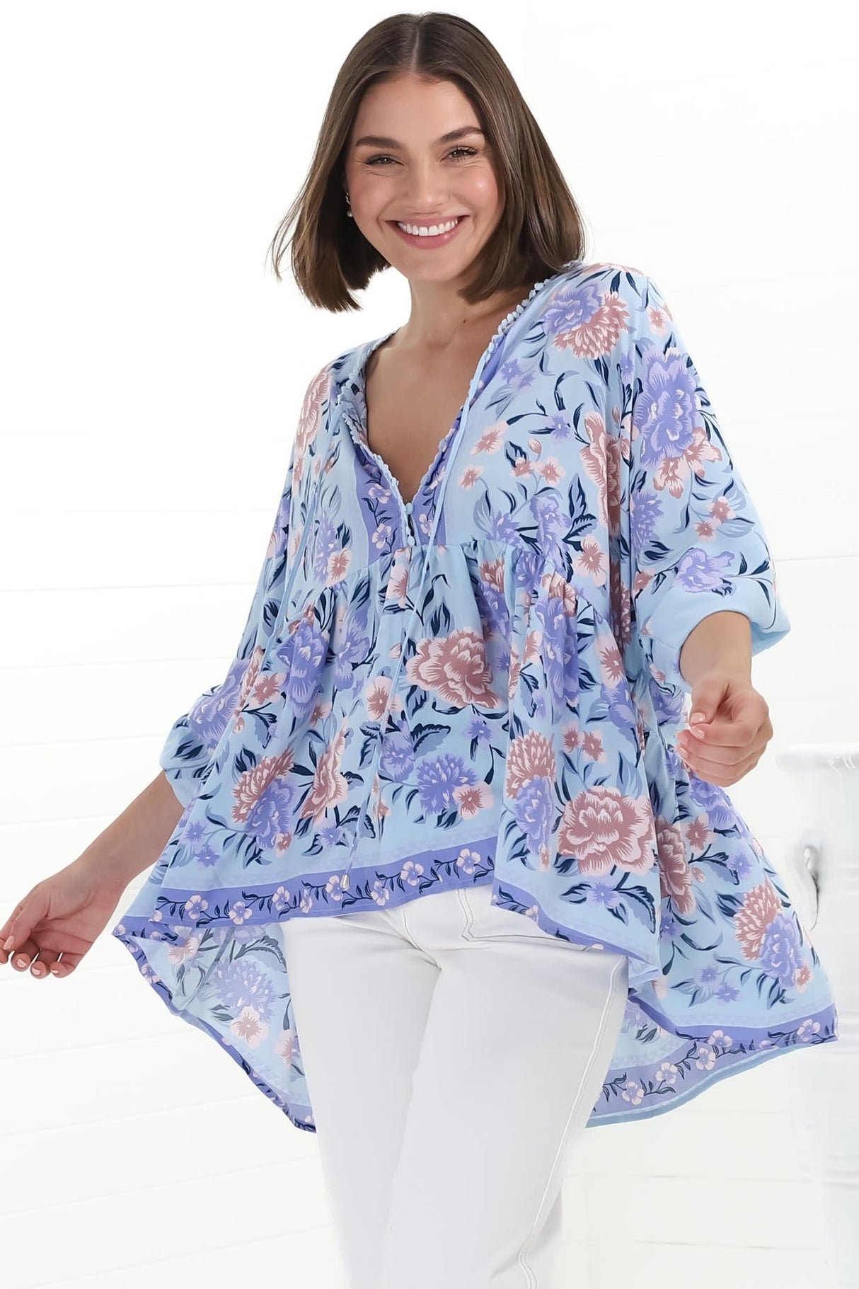 JAASE - Chloe Top: Very Oversized Crochet Trim Neckline Smock Top in Heaven Print