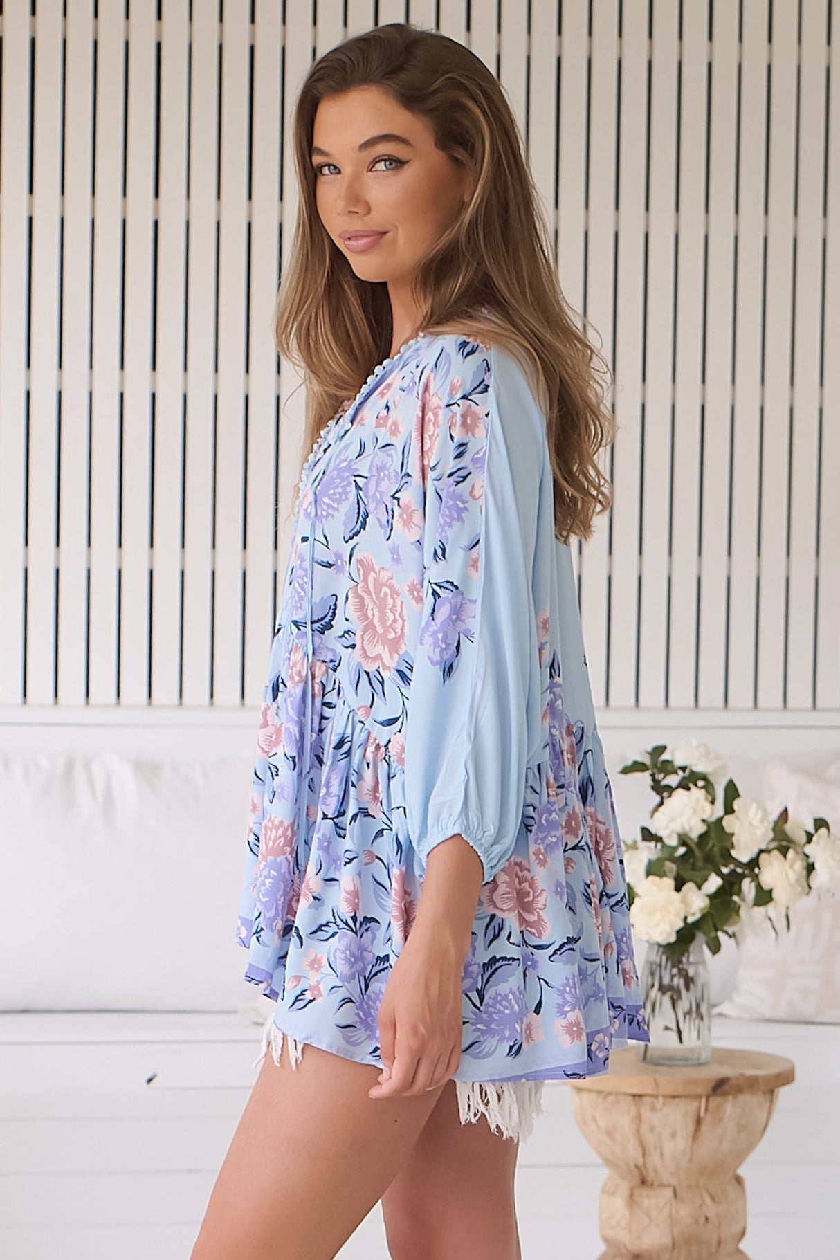 JAASE - Chloe Top: Very Oversized Crochet Trim Neckline Smock Top in Heaven Print