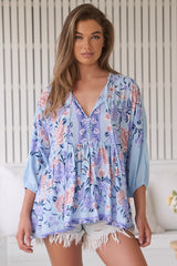 JAASE - Chloe Top: Very Oversized Crochet Trim Neckline Smock Top in Heaven Print