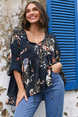 JAASE - Chloe Top: Very Oversized Crochet Trim Neckline Smock Top in Indigo Print