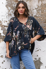 JAASE - Chloe Top: Very Oversized Crochet Trim Neckline Smock Top in Indigo Print