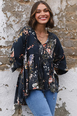 JAASE - Chloe Top: Very Oversized Crochet Trim Neckline Smock Top in Indigo Print