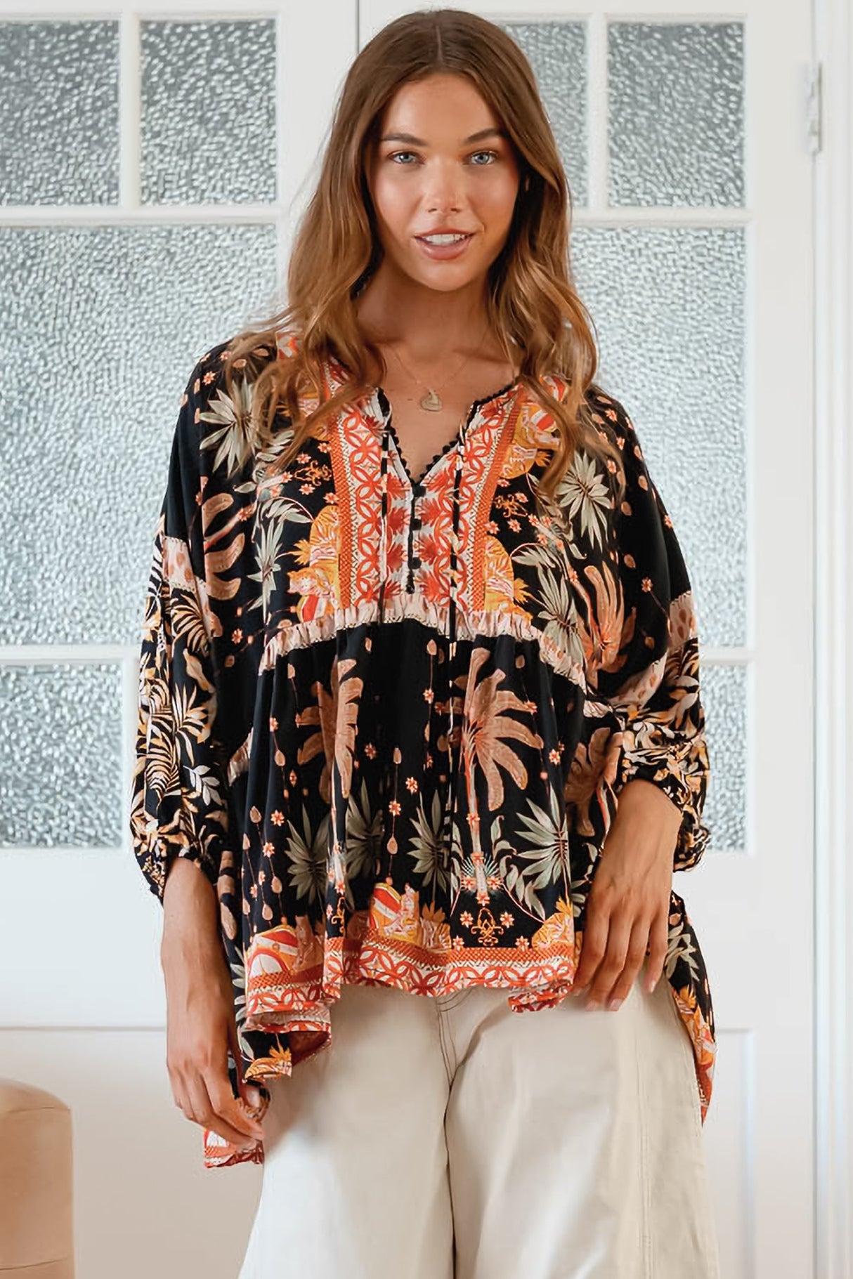 JAASE - Chloe Top: Very Oversized Crochet Trim Neckline Smock Top in Jardin Print