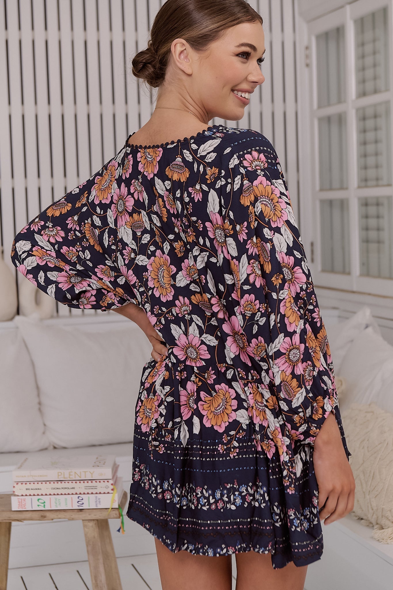 JAASE - Chloe Top: Very Oversized Crochet Trim Neckline Smock Top in Shania Print