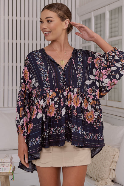 JAASE - Chloe Top: Very Oversized Crochet Trim Neckline Smock Top in Shania Print