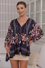 JAASE - Chloe Top: Very Oversized Crochet Trim Neckline Smock Top in Shania Print