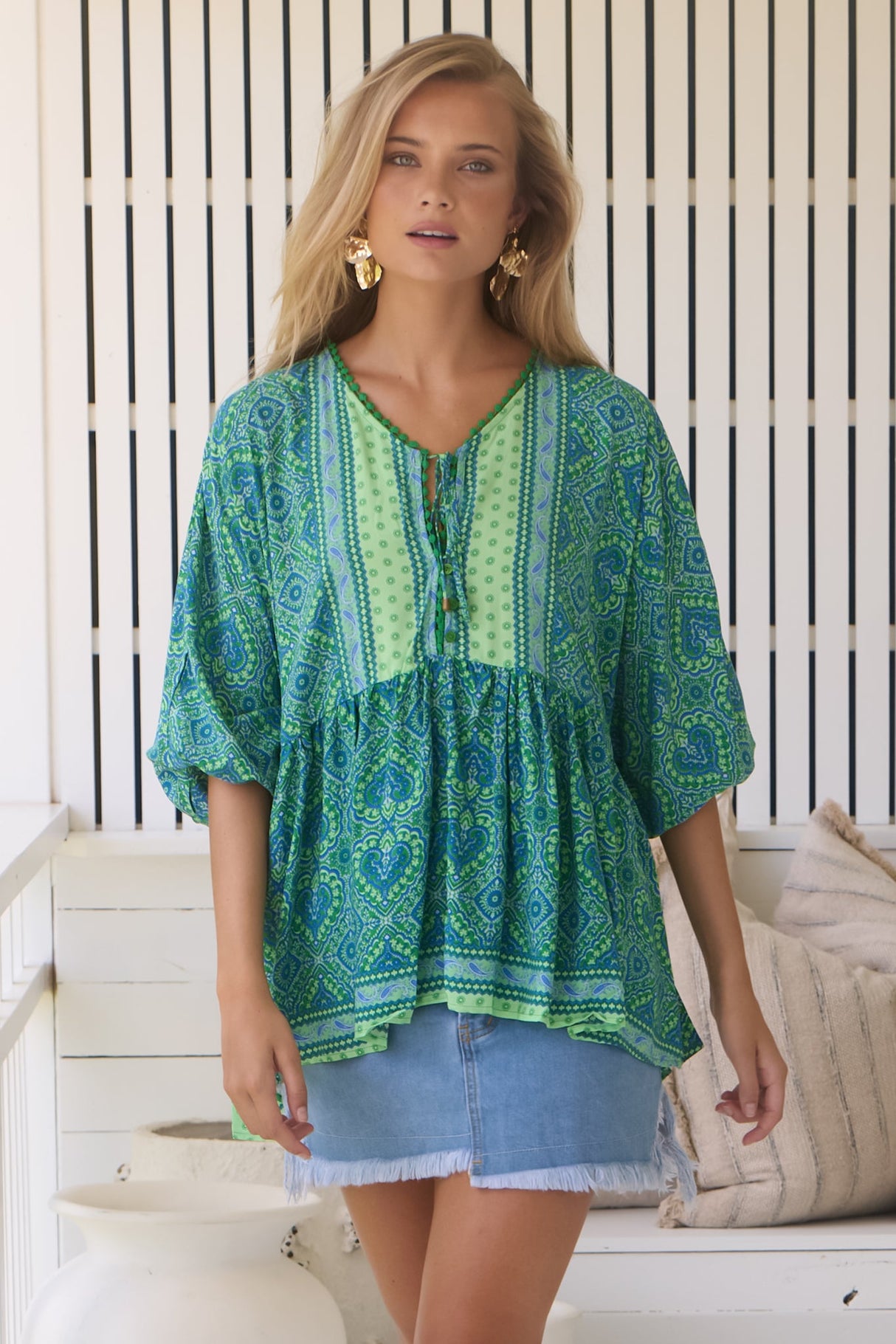 JAASE - Chloe Top: Very Oversized Crochet Trim Neckline Smock Top in Tranquility Print