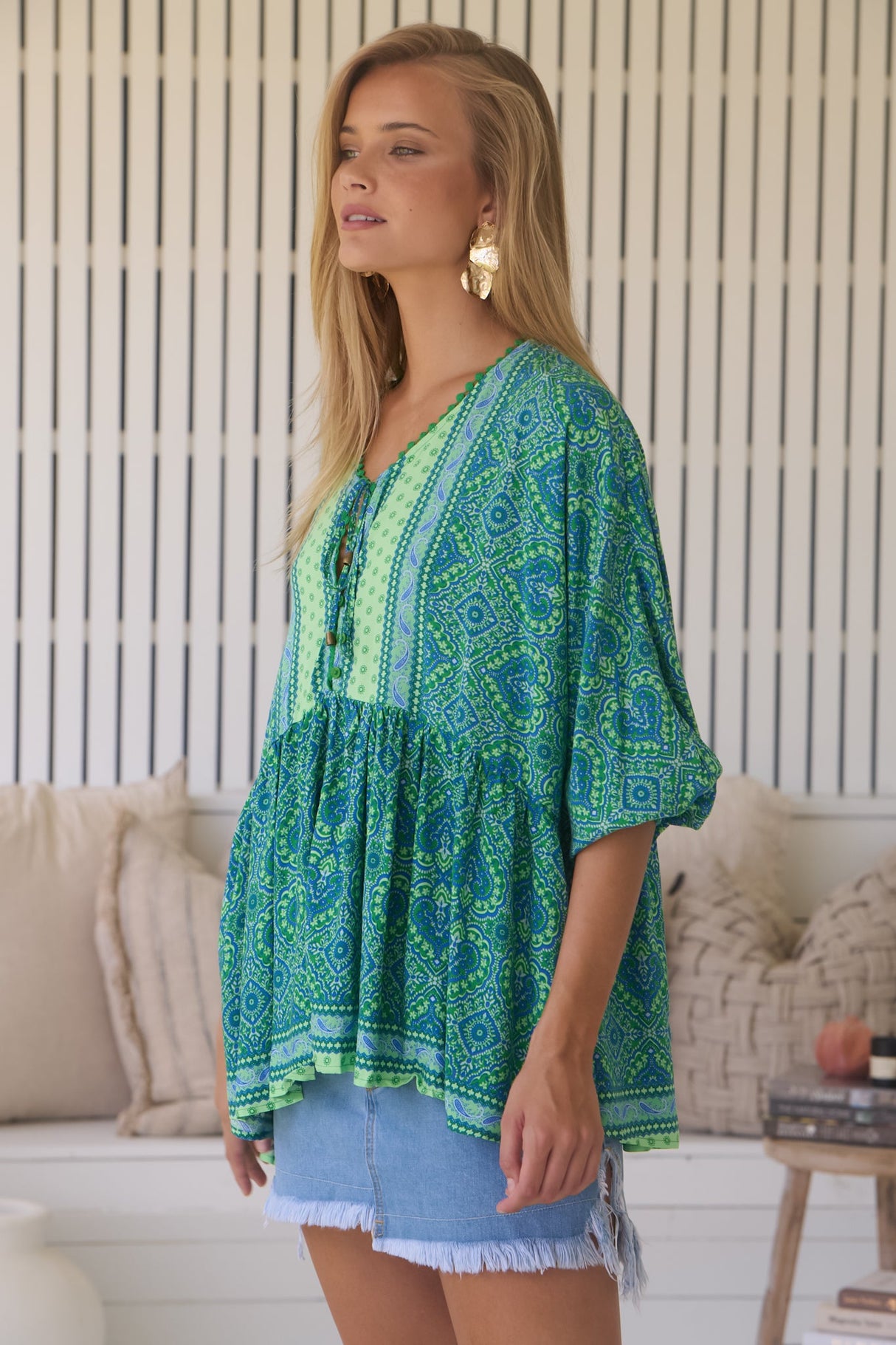 JAASE - Chloe Top: Very Oversized Crochet Trim Neckline Smock Top in Tranquility Print