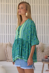 JAASE - Chloe Top: Very Oversized Crochet Trim Neckline Smock Top in Tranquility Print