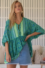 JAASE - Chloe Top: Very Oversized Crochet Trim Neckline Smock Top in Tranquility Print