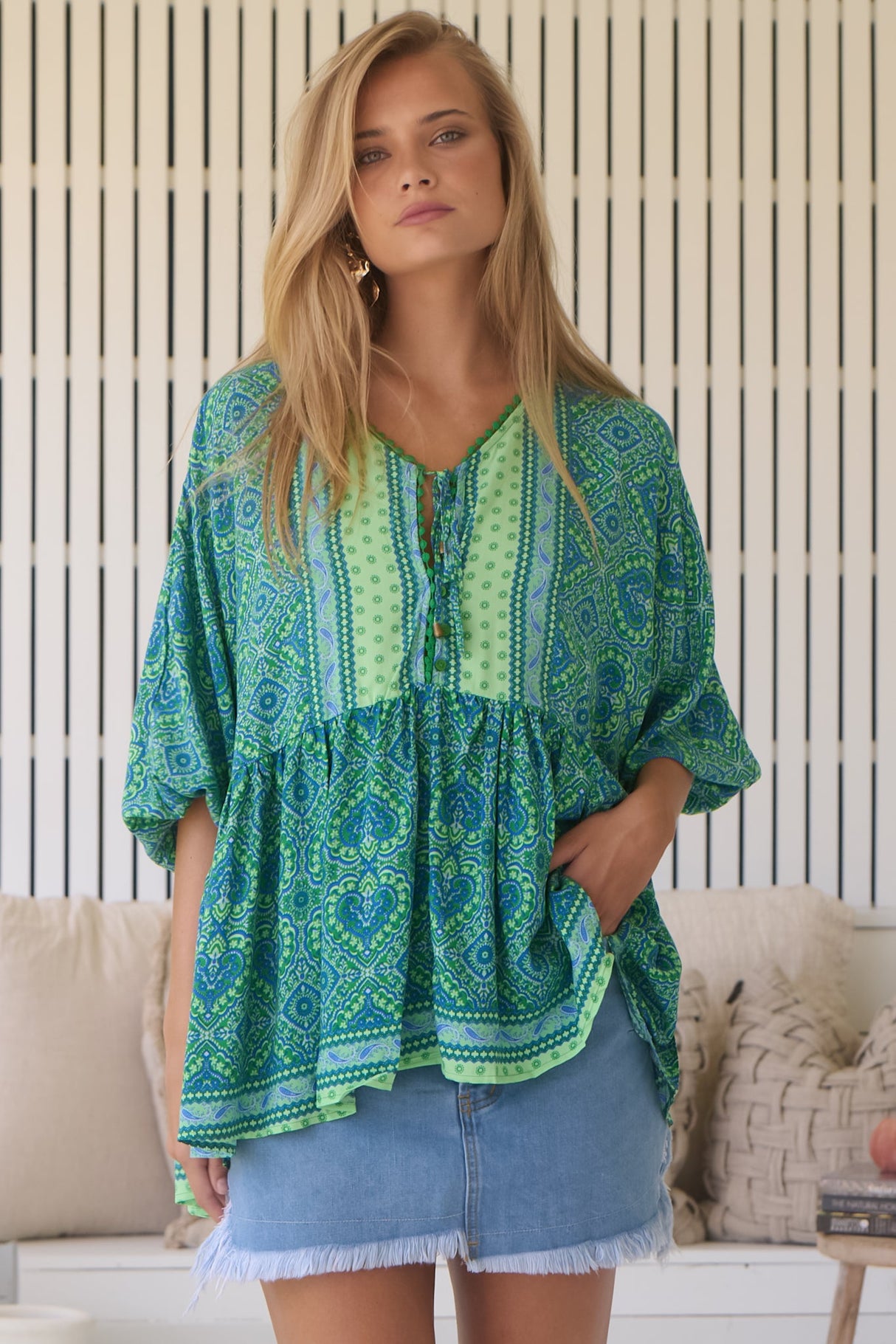 JAASE - Chloe Top: Very Oversized Crochet Trim Neckline Smock Top in Tranquility Print