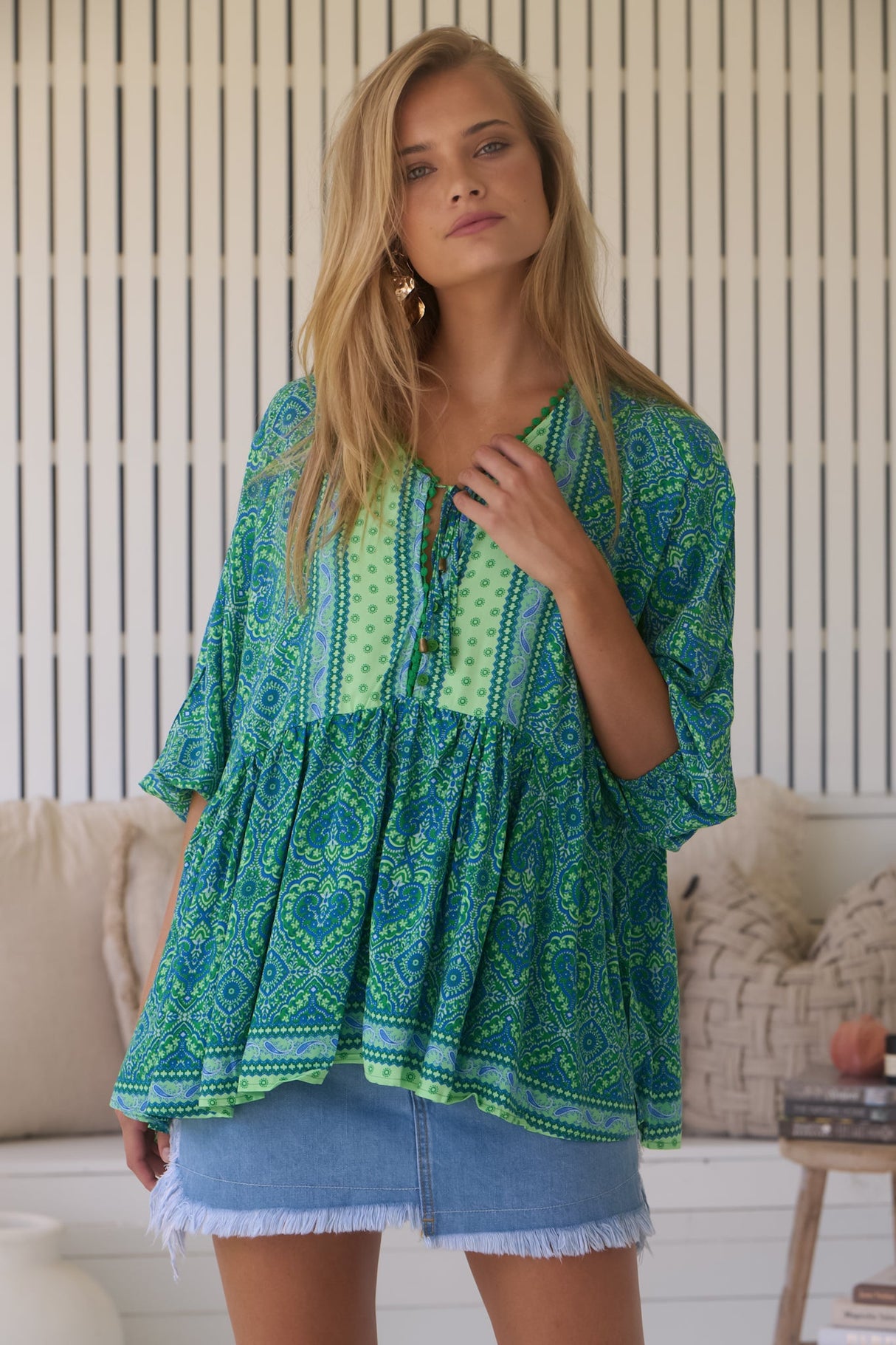 JAASE - Chloe Top: Very Oversized Crochet Trim Neckline Smock Top in Tranquility Print