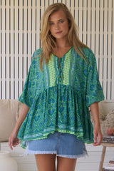 JAASE - Chloe Top: Very Oversized Crochet Trim Neckline Smock Top in Tranquility Print