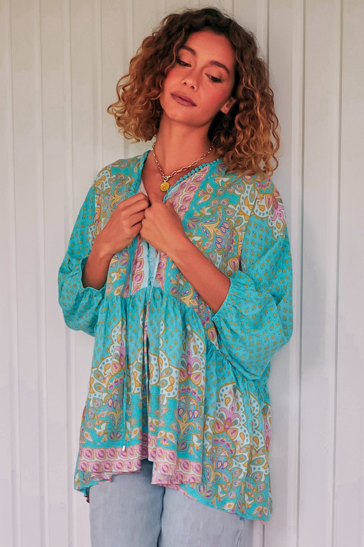 JAASE - Chloe Top: Very Oversized Crochet Trim Neckline Smock Top in Atlantis Print