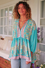 JAASE - Chloe Top: Very Oversized Crochet Trim Neckline Smock Top in Atlantis Print