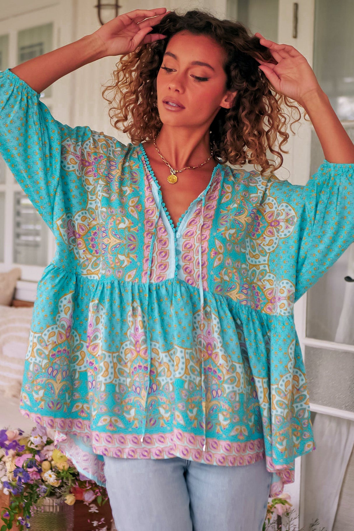 JAASE - Chloe Top: Very Oversized Crochet Trim Neckline Smock Top in Atlantis Print