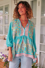 JAASE - Chloe Top: Very Oversized Crochet Trim Neckline Smock Top in Atlantis Print