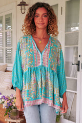 JAASE - Chloe Top: Very Oversized Crochet Trim Neckline Smock Top in Atlantis Print