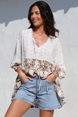 JAASE - Chloe Top: Very Oversized Crochet Trim Neckline Smock Top in Gemstone Print