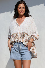JAASE - Chloe Top: Very Oversized Crochet Trim Neckline Smock Top in Gemstone Print