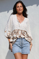 JAASE - Chloe Top: Very Oversized Crochet Trim Neckline Smock Top in Gemstone Print