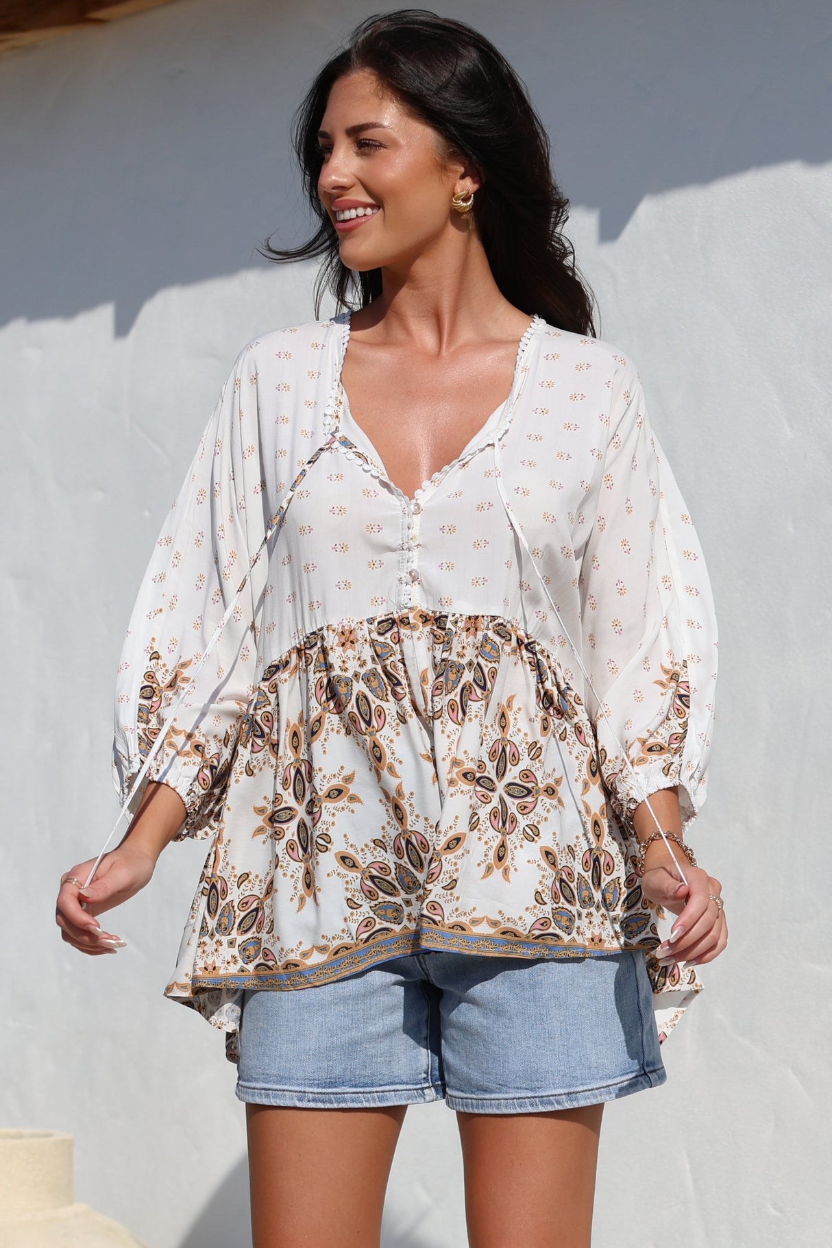 JAASE - Chloe Top: Very Oversized Crochet Trim Neckline Smock Top in Gemstone Print