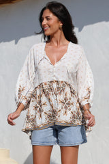 JAASE - Chloe Top: Very Oversized Crochet Trim Neckline Smock Top in Gemstone Print