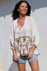 JAASE - Chloe Top: Very Oversized Crochet Trim Neckline Smock Top in Gemstone Print
