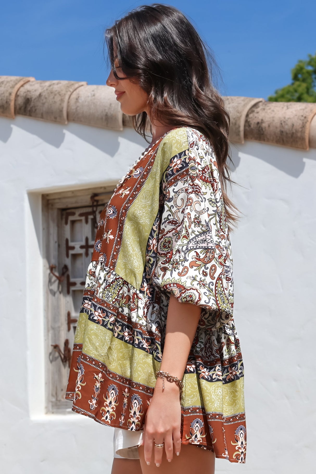 JAASE - Chloe Top: Very Oversized Crochet Trim Neckline Smock Top in Oakie Print