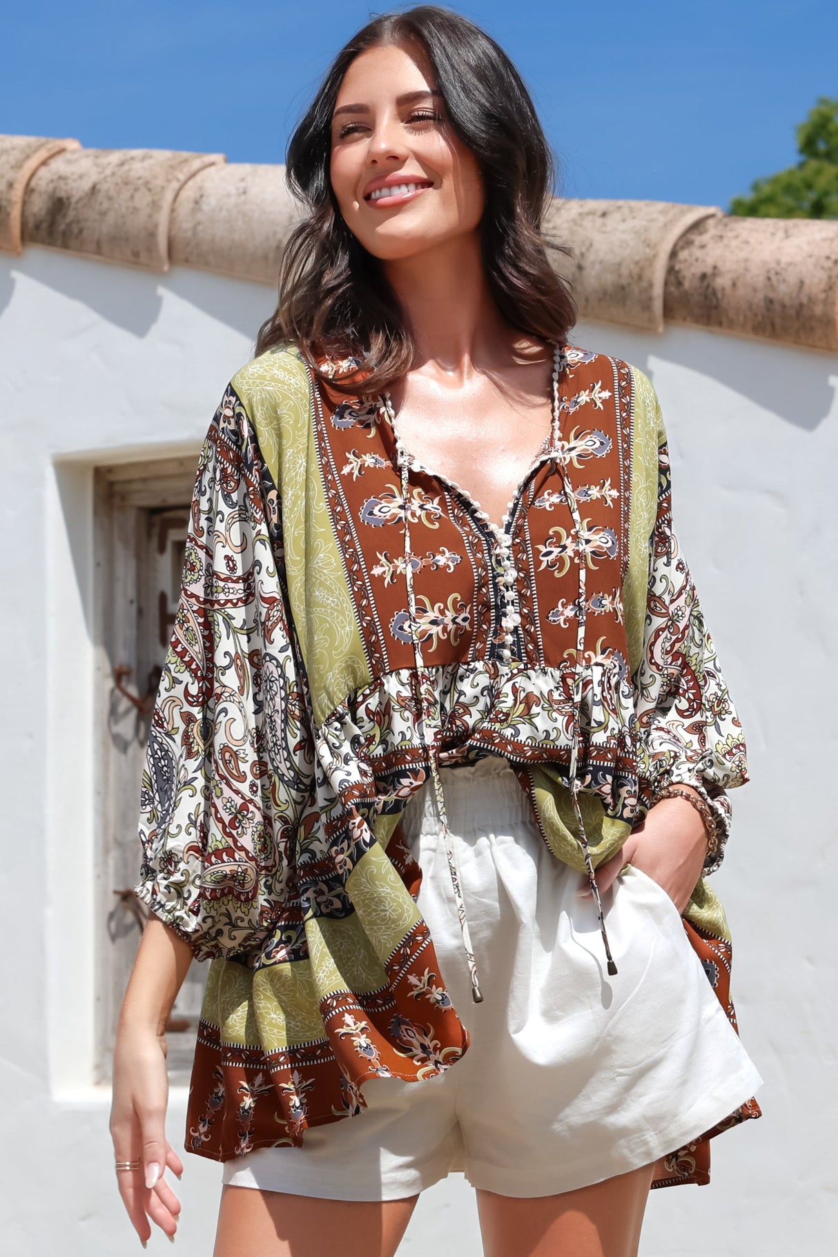 JAASE - Chloe Top: Very Oversized Crochet Trim Neckline Smock Top in Oakie Print