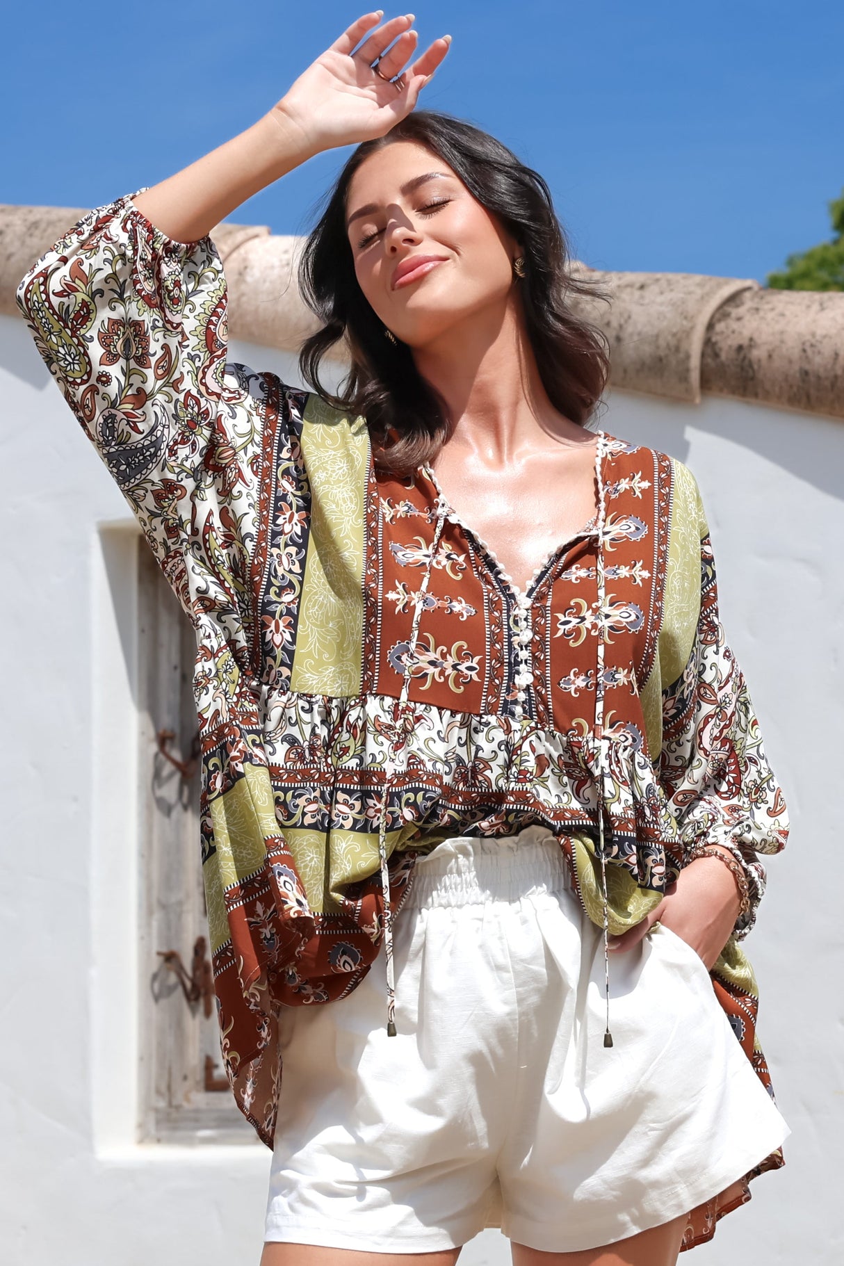JAASE - Chloe Top: Very Oversized Crochet Trim Neckline Smock Top in Oakie Print