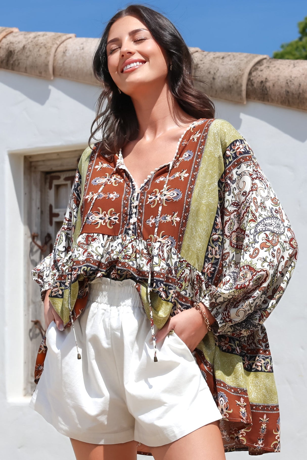 JAASE - Chloe Top: Very Oversized Crochet Trim Neckline Smock Top in Oakie Print