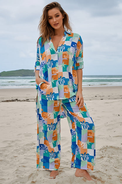 JAASE - Cici Pants: Mid Rise Relaxed Wide Leg Pant in Tides Print