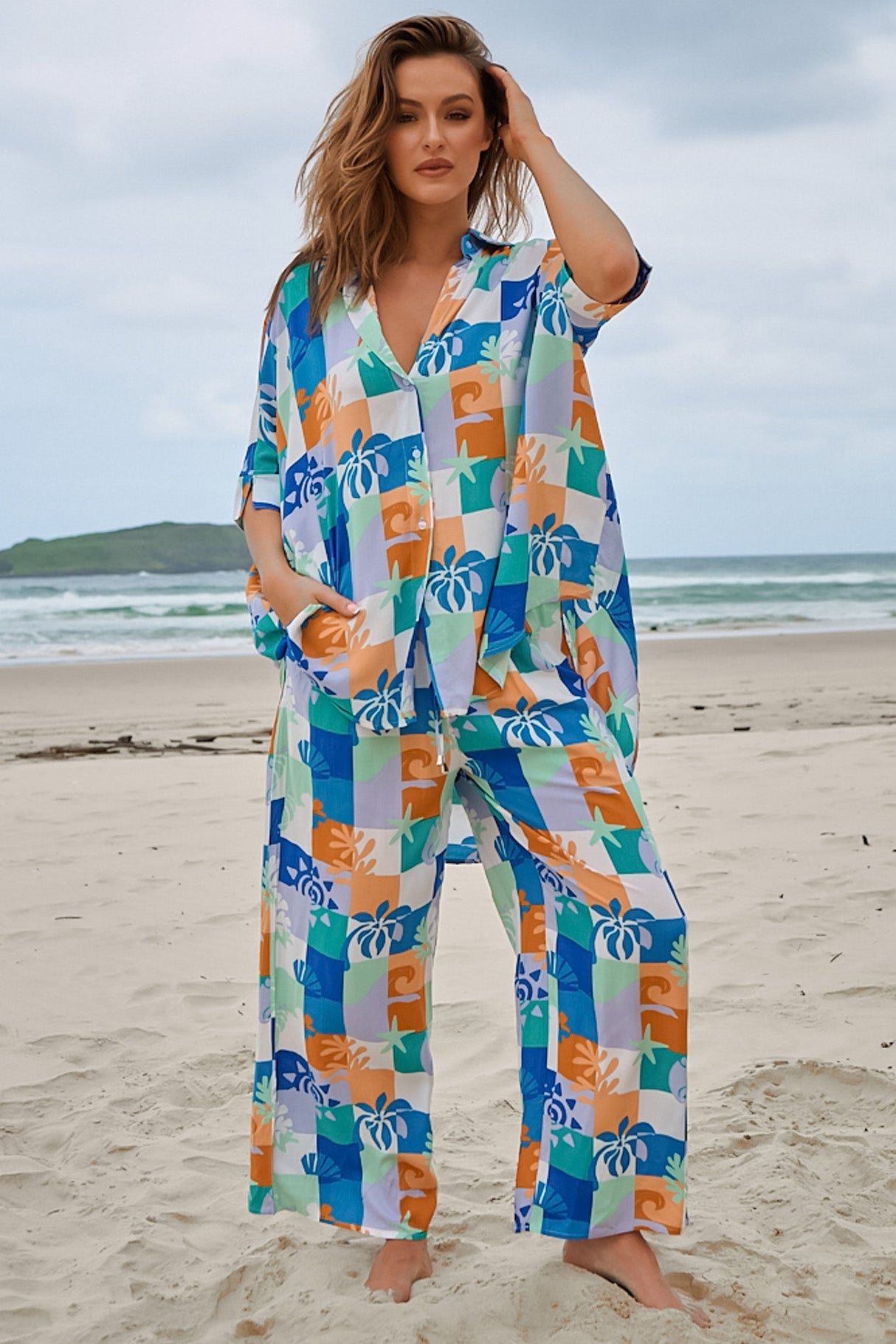 JAASE - Cici Pants: Mid Rise Relaxed Wide Leg Pant in Tides Print