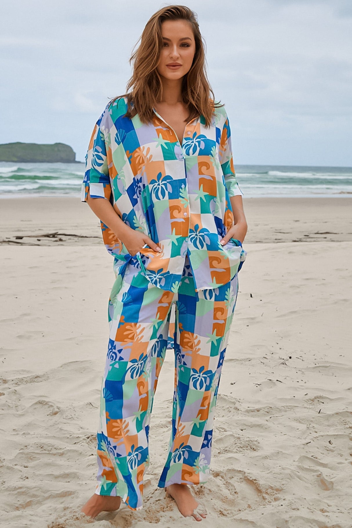 JAASE - Cici Pants: Mid Rise Relaxed Wide Leg Pant in Tides Print