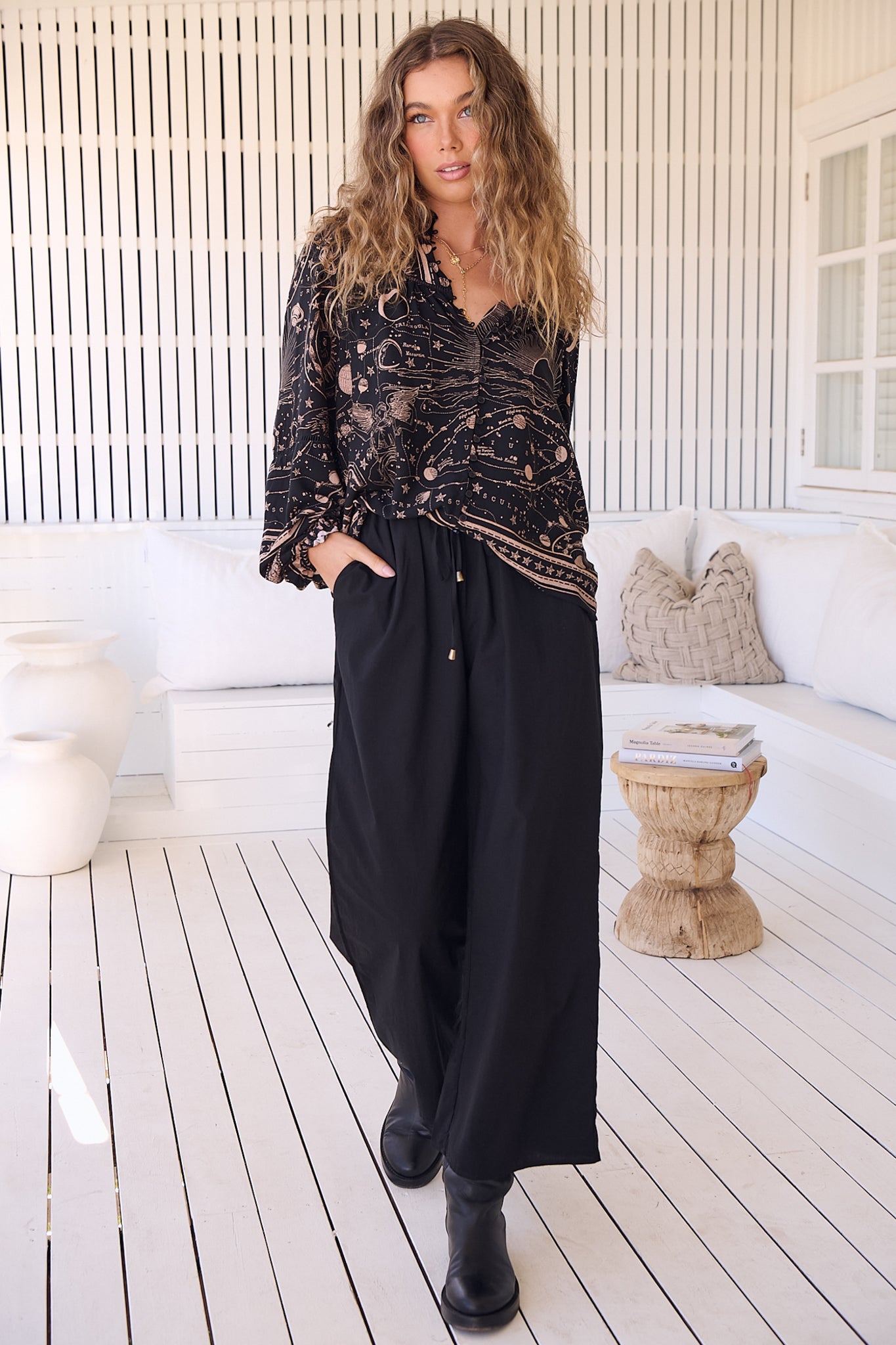 JAASE - Cici Pants: Mid Rise Relaxed Wide Leg Pant in Onyx