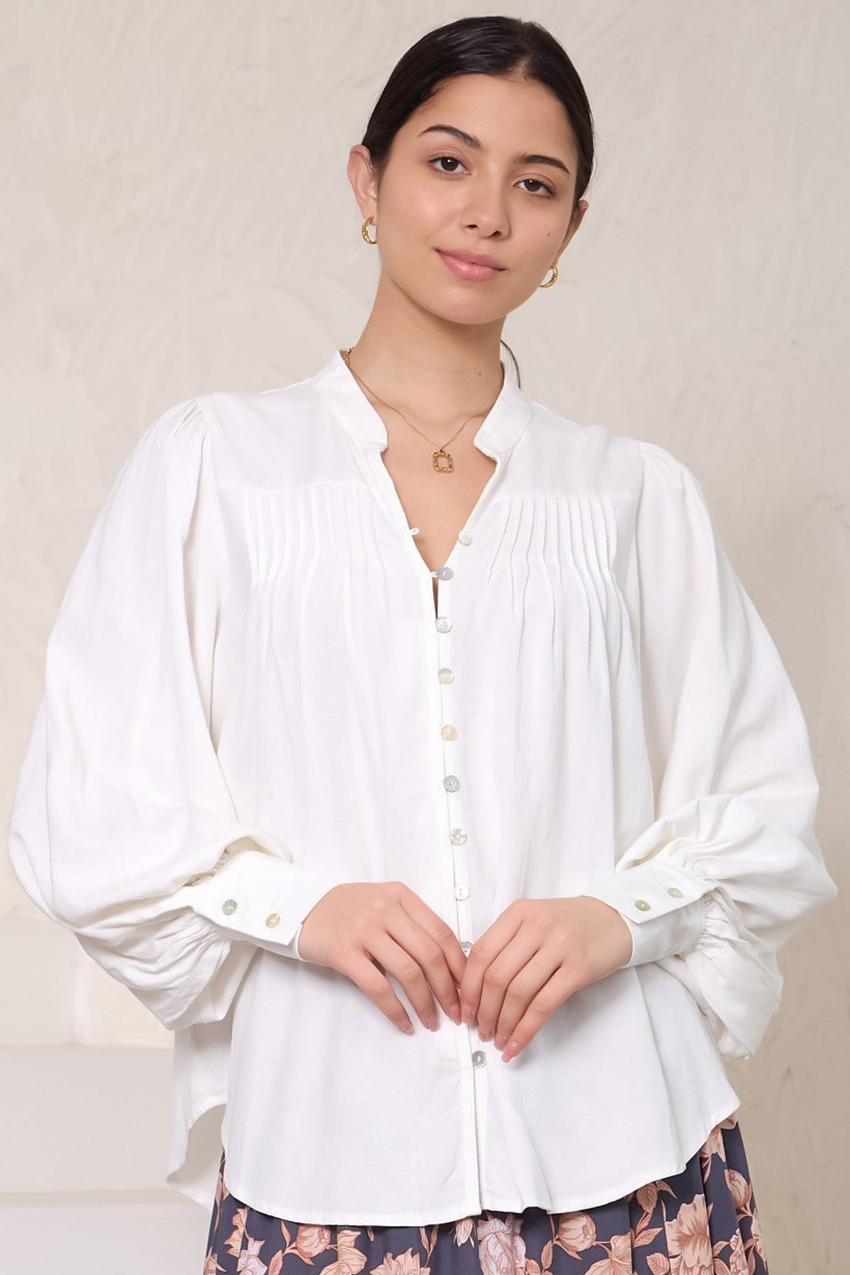 Cindie Blouse - Oversized Mandarin Collar Button Down Blouse in White