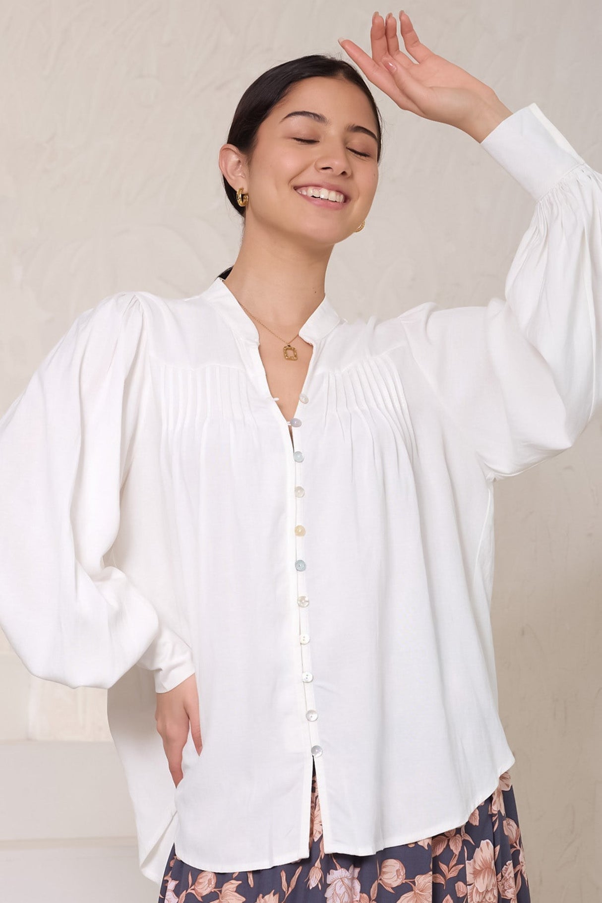 Cindie Blouse - Oversized Mandarin Collar Button Down Blouse in White