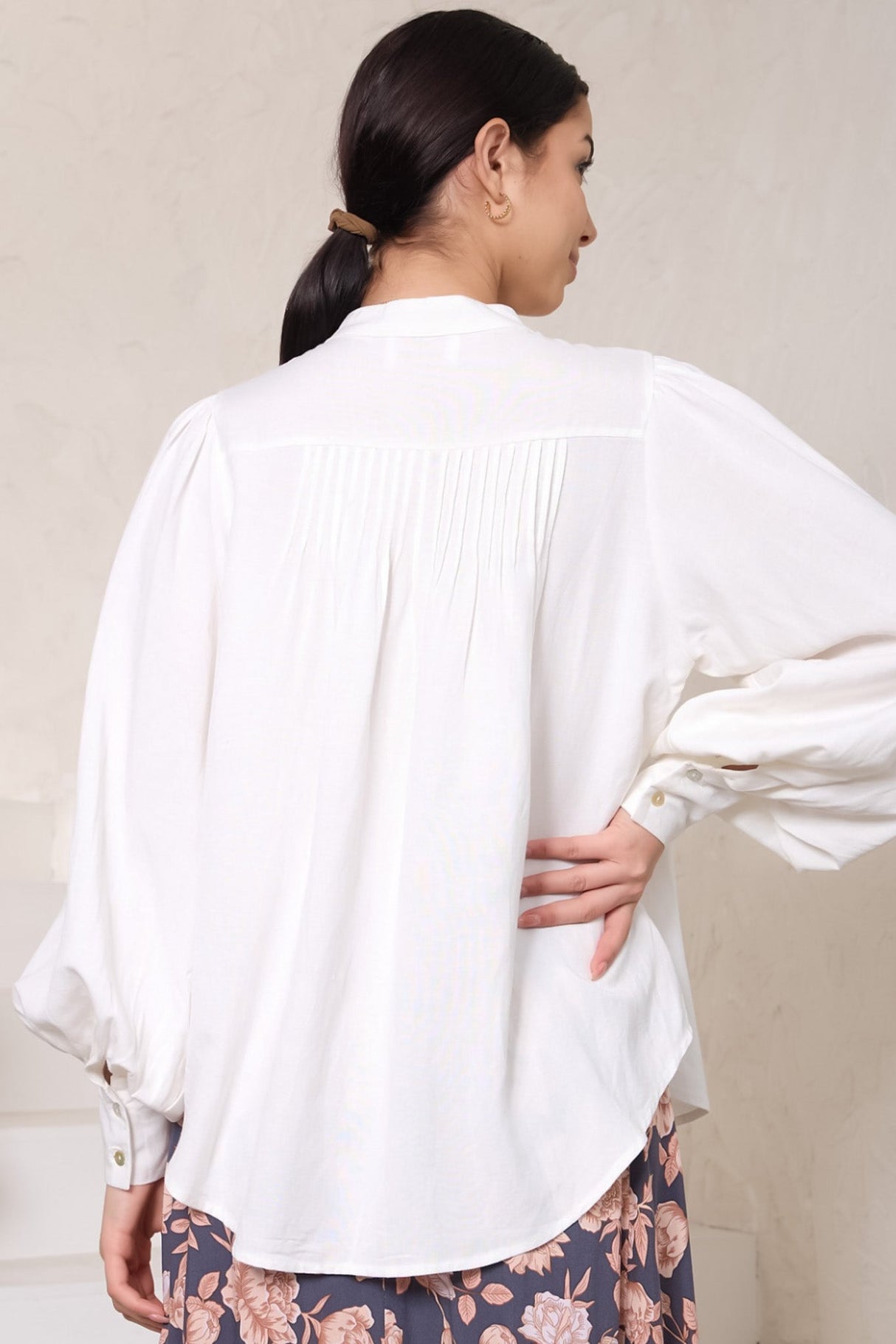 Cindie Blouse - Oversized Mandarin Collar Button Down Blouse in White