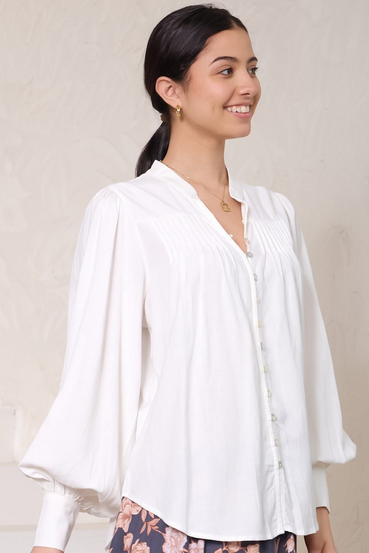 Cindie Blouse - Oversized Mandarin Collar Button Down Blouse in White