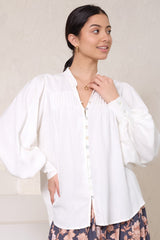 Cindie Blouse - Oversized Mandarin Collar Button Down Blouse in White