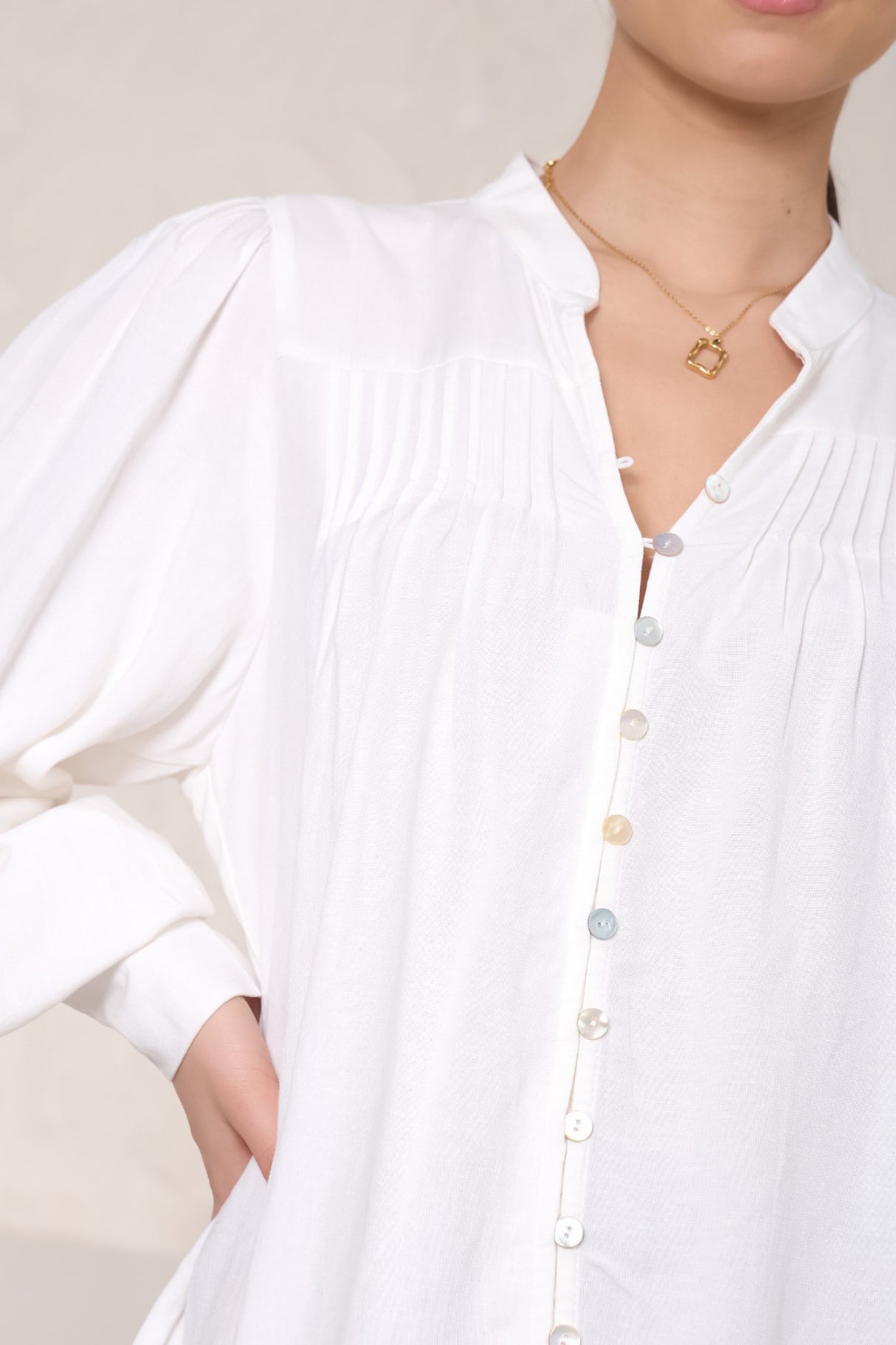 Cindie Blouse - Oversized Mandarin Collar Button Down Blouse in White