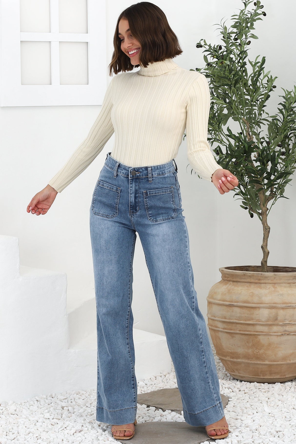 Cindy Wide Leg Jean in Stone Wash Denim