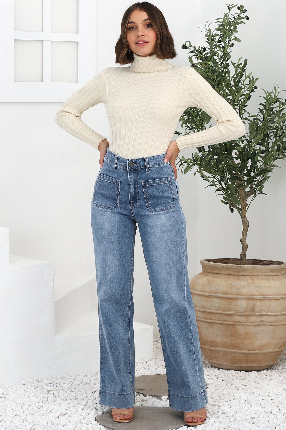 Cindy Wide Leg Jean in Stone Wash Denim