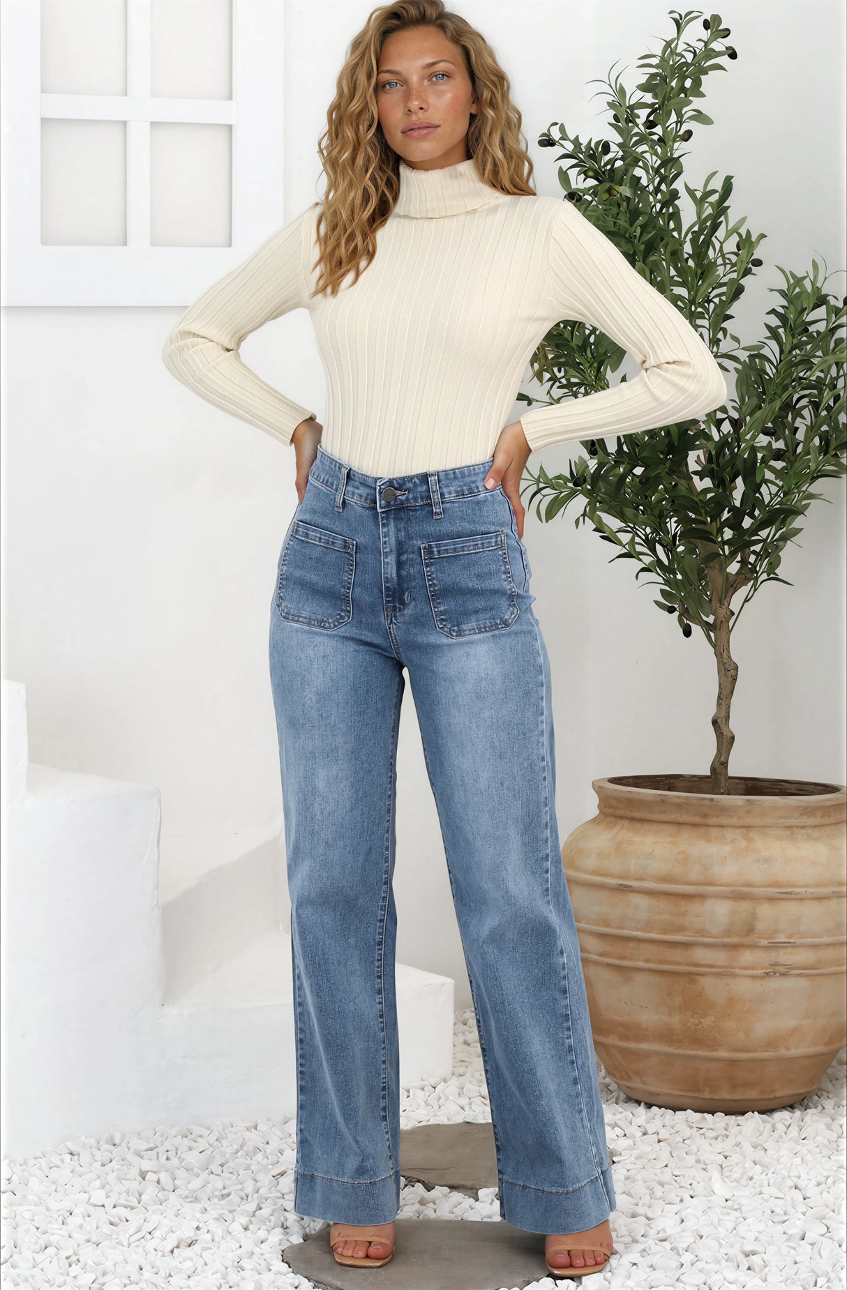 Cindy Wide Leg Jean in Stone Wash Denim