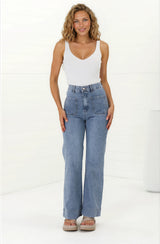 Model wearing Cindy Jeans in Stone Wash Denim from Salty Crush