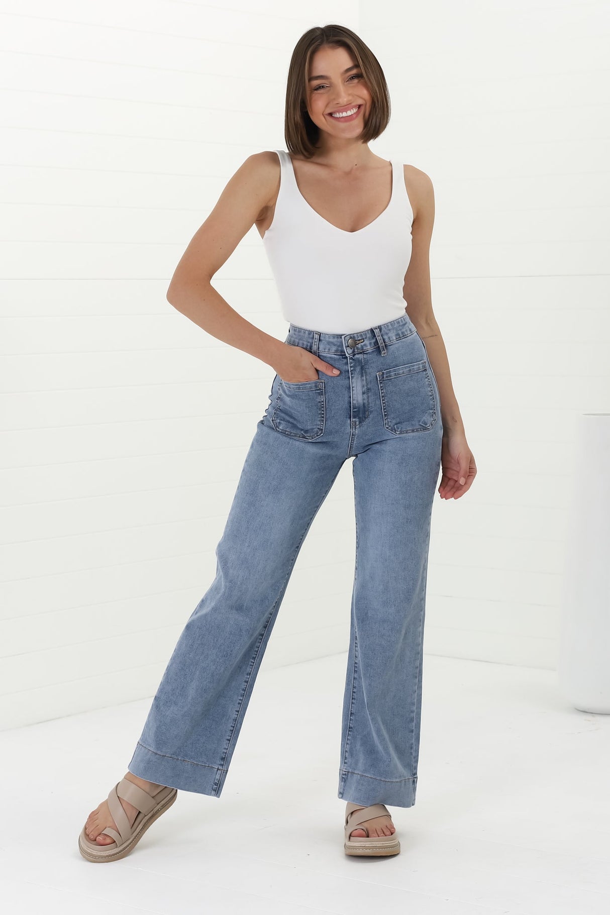 Cindy Wide Leg Jean in Stone Wash Denim