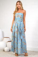 Citrine Jumpsuit - Adjustable Strap Sqaure Neck Wide Leg Jumpsuit with Splits and Waist Tie in Miranda Print